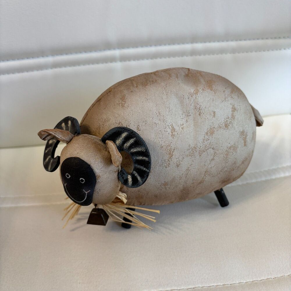 Primitive Folk Art Painted Cloth 7" Ram Sheep Figurine Rustic Farmhouse Decor